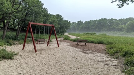 Fototapeta premium Misty Morning at the Park: A Serene Swing Set Scene