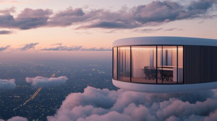 Futuristic Office Above the Clouds at Sunset