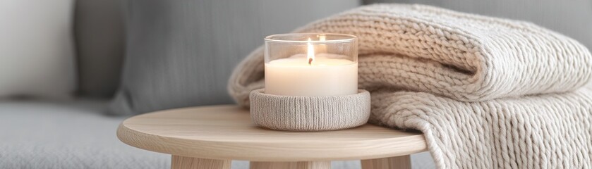 Obraz na płótnie Canvas A lit candle rests on a small wooden side table next to a folded knitted blanket in muted gray tones, creating an inviting and warm atmosphere in a serene setting