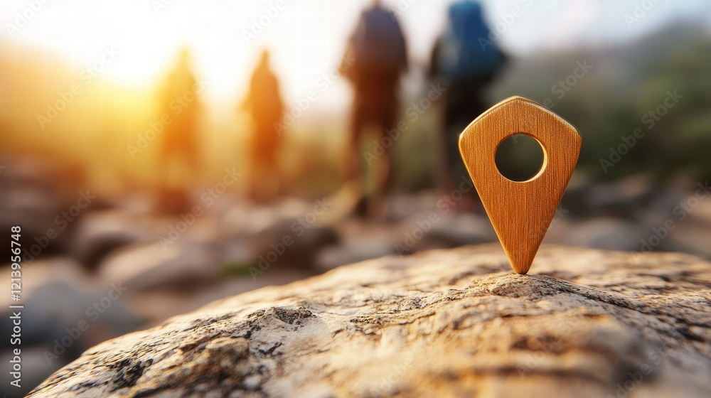 Leinwandbilder icon pin location navigation a group of hikers consulting a map with a prominent pin icon, teamwork 