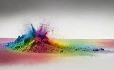 A vibrant explosion of multicolored powder bursts outwards against a stark white background