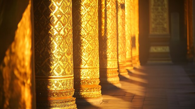 Golden Thai patterns on temple columns illuminated by sunlight