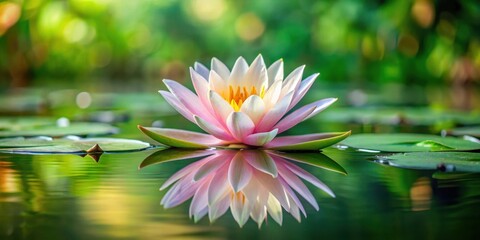 serene water lily pond with single lotus flower blooming , serenity, reflection,  serenity, reflection, flowers, greenery, calm