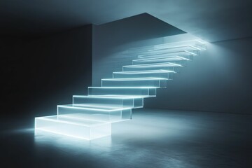 Fototapeta premium Luminous stairs ascending to an opening in darkness.