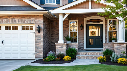 Obraz premium Luxury Brick House Exterior: Modern Home Design and Landscaping. Beautiful Architecture, Landscaping, and Curb Appeal. Dream Home Entrance.