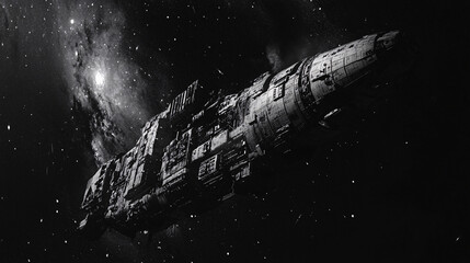Fototapeta premium A colossal black and white spaceship with intricate details drifts through deep space surrounded by distant stars and a glowing galaxy 