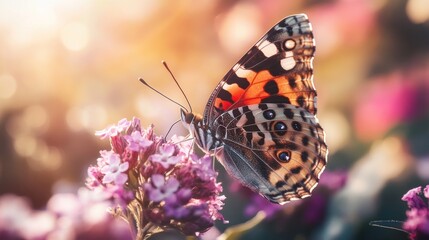 Obraz premium Painted lady butterfly feeding on flower, sunset garden, nature