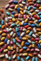 Detailed view of colorful vitamin capsules arranged on a wooden surface in a tidy manner, organized products, colorful bottles