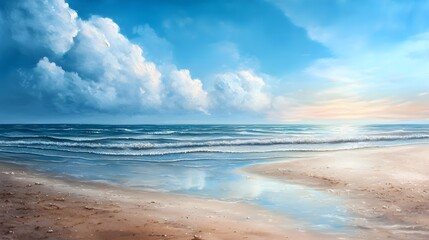 Obraz premium Breathtaking coastal landscape with serene ocean waves and dramatic sky reflections Picturesque beach scene with turquoise waters golden sand and a moody atmospheric sky