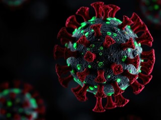 detailed view of covid virus with bioluminescent green glow, viral detail, viral structure