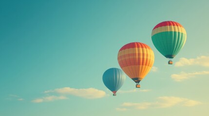 Fototapeta premium Three colorful hot air balloons gracefully floating in a clear blue sky with soft clouds, evoking a sense of adventure and freedom.