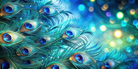 Elegant peacock feather pattern in shimmering blues and greens, blue feathers