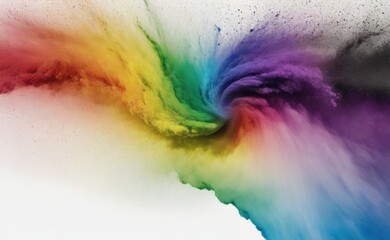A vibrant explosion of multicolored powder bursts outwards against a stark white background