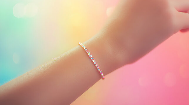 close-up of a delicate human wrist adorned with a sparkling bracelet, against a soft, gradient background 