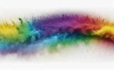 A vibrant explosion of multicolored powder bursts outwards against a stark white background