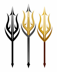Set of Tridents in Gold, Black, and Silver - Symbolic Weapon Icons Isolated on White Background.