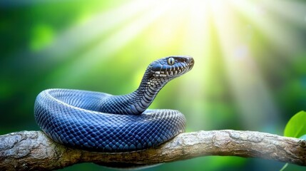 Serene Snake Coiled on Branch in Bright Sunlight