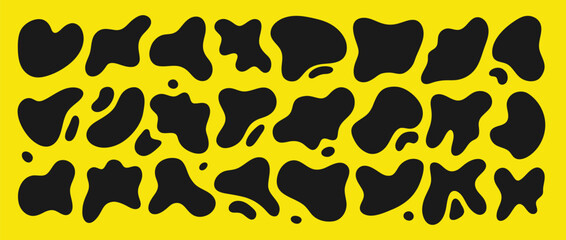 Abstract freeform collection. Simple liquid amorphous splodge. Black elements for design decoration. Vector set isolated on yellow background.
