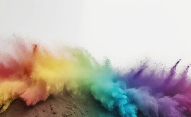 A vibrant explosion of multicolored powder bursts outwards against a stark white background