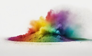 A vibrant explosion of multicolored powder bursts outwards against a stark white background