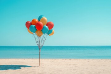 Colorful balloon display on a tranquil beach summer celebration photography coastal environment vibrant viewpoint joyful atmosphere enhancing relaxation and fun