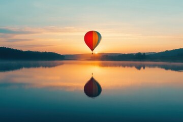 Colorful balloon floating over a calm lake at sunrise scenic view nature photography tranquil environment serenity concept