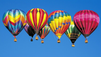 Obraz premium Colorful hot air balloons flying against a clear blue sky.