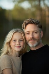 Fototapeta premium Warm embrace between smiling father and daughter in nature's tra