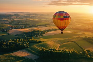 Obraz premium Whimsical hot air balloon floating over patchwork fields at sunset aerial view nature photography in serene landscapes