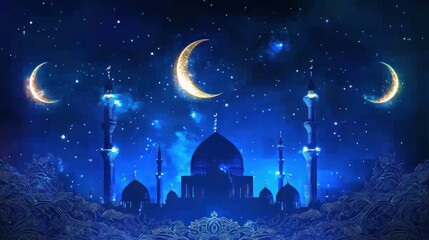 Naklejka premium Majestic Mosque Silhouette Under Night Sky With Crescents