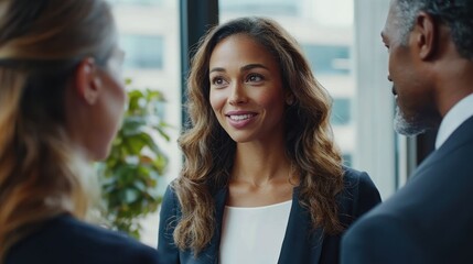 Obraz premium A team of professionals discussing company values, with a focus on ethics and mutual respect.