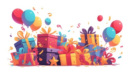 Party design featuring colorful balloons and wrapped gift boxes on a clean white background