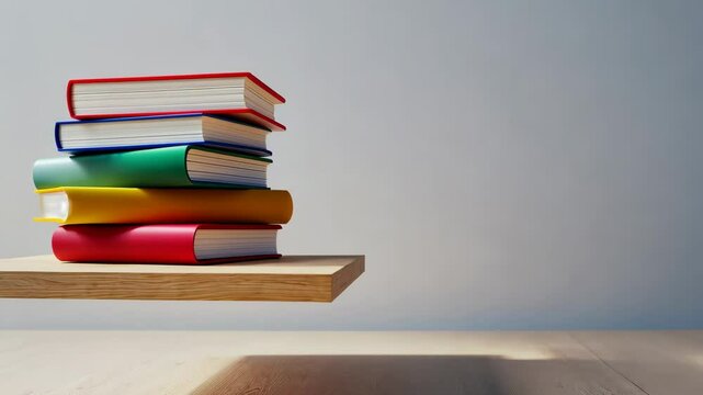 Stack of books on a shelf with a blue book on top. The books are colorful and appear to be arranged in a pyramid shape. Concept of organization and order