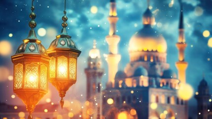 Obraz premium Illuminated Lanterns Glow Before a Majestic Mosque at Night