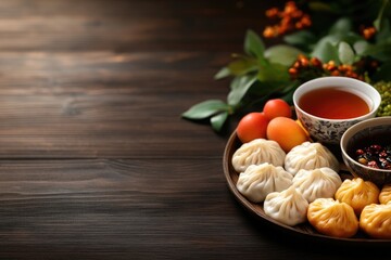 Delicious dumplings arranged beautifully on wooden table with fr