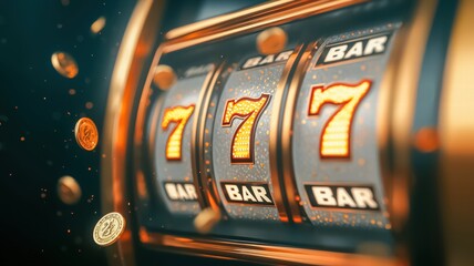 A vibrant slot machine display featuring three identical sevens aligned, surrounded by coins, symbolizing luck and potential winnings.