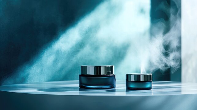 A set of beauty creams with soft mist hovering above, illuminating the products with a soft, ethereal glow