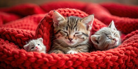 Adorable small kitty curled up on a red plush pillow with a tiny mouse friend by its side, surrounded by soft toys and cozy blankets , red pillow, little