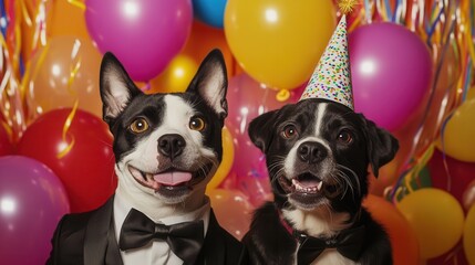 Two joyful dogs in party attire celebrate a festive occasion surrounded by colorful balloons. Generative AI