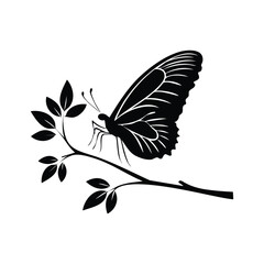 Butterfly Silhouette with Flower and Branch - Elegant Vector Design