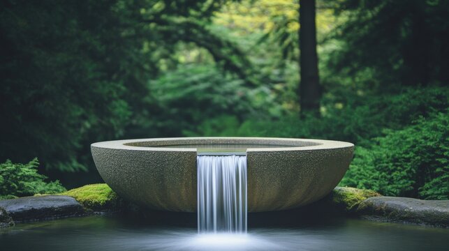 A serene stone water fountain surrounded by lush greenery, showcasing a gentle waterfall flowing into a calm pool.