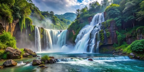 A majestic waterfall cascading down a rocky cliffside into a swirling foamy river below, surrounded by lush greenery and misty water droplets , scenery, rivers