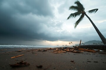 Stormy beach scene with leaning palm tree, dark clouds overhead