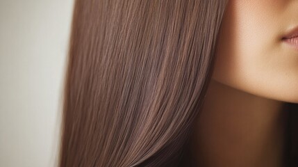 Fototapeta premium Glossy brown hair cascades elegantly, capturing light beautifull