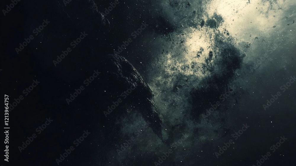 Poster a vast dark cosmic cloud formation with scattered stars and a glowing mysterious light creating an e