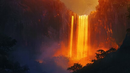 Fiery Lava Waterfall Cascades Down Volcanic Cliffs