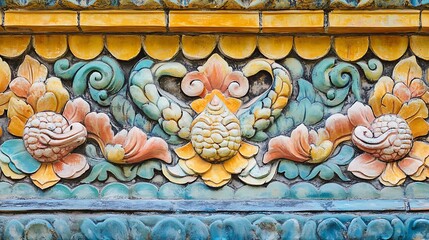 Detailed view of Thai temple wall with artistic patterns and cultural symbolism