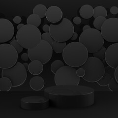 Two new year black glossy plastic podiums mockup on abstract stage, flying black circles decor. Template 3D illustration modern, luxury, scene for presentation cosmetic products, goods, advertising.