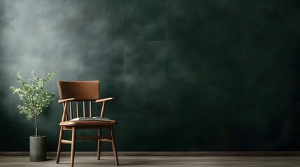 Minimalist wooden chair in an elegant green gray interior setting with a potted plant  The clean simple design and natural materials create a cozy serene and tranquil atmosphere
