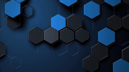 Stylish blue background with hexagons and dots for design. Banner template with white center text area. Ideal for elegant designs.